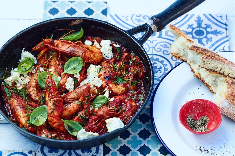 Pan-Roasted Prawns in Tomato, Basil and Feta Sauce