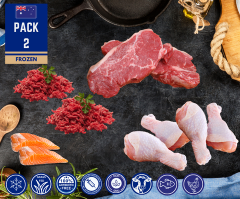 FROZEN Pack: 2 x 300gm Sirloin Steaks, 1 x Packet Chicken Drumsticks, 2 x pieces of Salmon 160-180gm each, 500g x  Lean Beef Mince