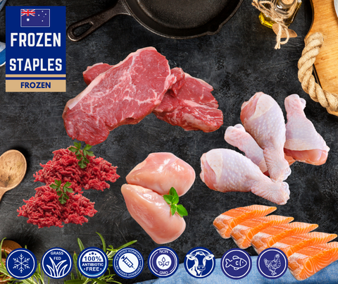 FROZEN - Staples Upgraded: 2 x 250gm Beef Mince, 1 x beef striploin 400gm., 1 x packet Chicken Drumsticks, 1 x  Chicken Breasts, 1 x Portioned 5 Salmon