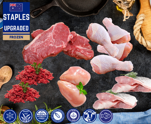 FROZEN - Staples: 2 x 500gm Beef Mince, 1 x beef striploin(2 x 300gm each ) 1 x Packet Chicken Drumsticks, 1 x Packet Chicken Breast, 2 x Barramundi fillets