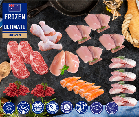 FROZEN - Ultimate:  1 x Portion 5 Salmon Portions, 4 x Barramundi fillets, 4 x 300gm Rib Eye Steaks, 1 x Packet Chicken Drumsticks, 1 x packet Chicken Thigh