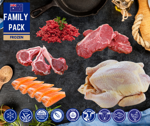 FROZEN - Family Pack: 1kg x Striploin, 4 x  fillet Salmon, 1 x Aus Or NZ Whole Chicken, 2packs 4 x 80-100gm Lamb loin chops