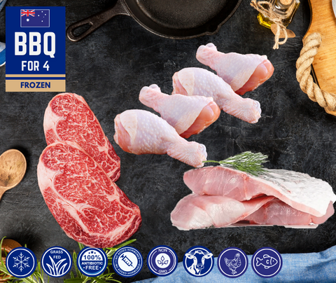 FROZEN - BBQ for 4: 2 x 300gm Rib Eye Steaks , 2 x NZ White Fish, 1 x Packet Chicken Drumsticks