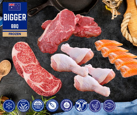 FROZEN - Bigger BBQ:  2 x 300gm Rib Eye Steaks, 2 x 300gm Sirloin Steaks , 1 pack x Portion of 5 Salmon, 1 x Pack Chicken Drumsticks