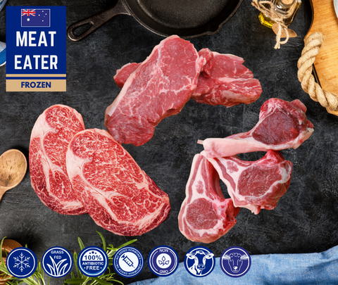 FROZEN - The Meat Eater: 2 x 300gm Sirloin Steaks, 2 x 300gm Rib Eye steaks, 2packs of 4 x 80-100gm Lamb Loin Chops