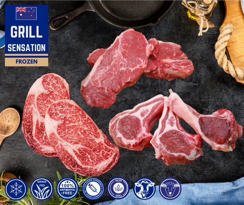 FROZEN - Grill Sensation: 2 x 400gm Rib Eye Steaks, 2 x 400gm Sirloin Steaks,  2packs 4 x 80-100gm Lamb loin chops