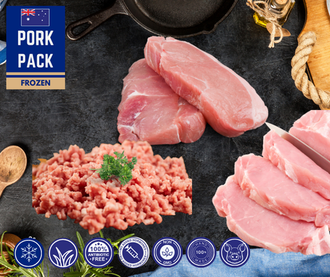 FROZEN - Pork Pack: 2 Packs 2 x 170-190gm Midloin Steaks, 2 x 250gm Pork Mince, 2 x 450-550gm Pork Tenderloin packs